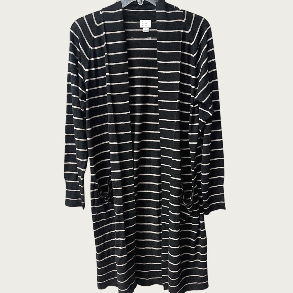 A New Day Longline Duster Cardigan Small Black Tan Striped Open Front Preppy